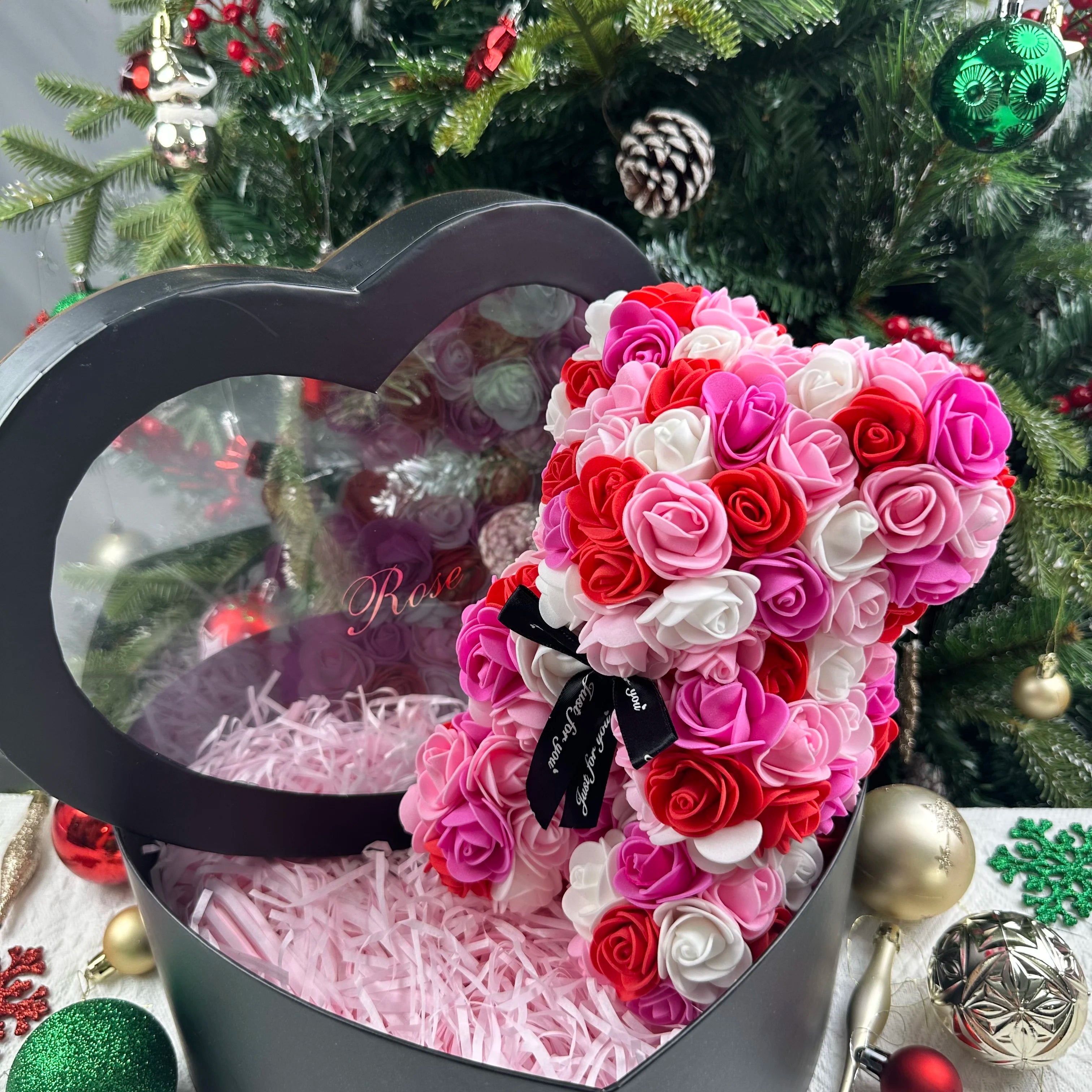 25cm Artificial Teddy Rose Flower Bear with Box Romantic Valentines Day Gift