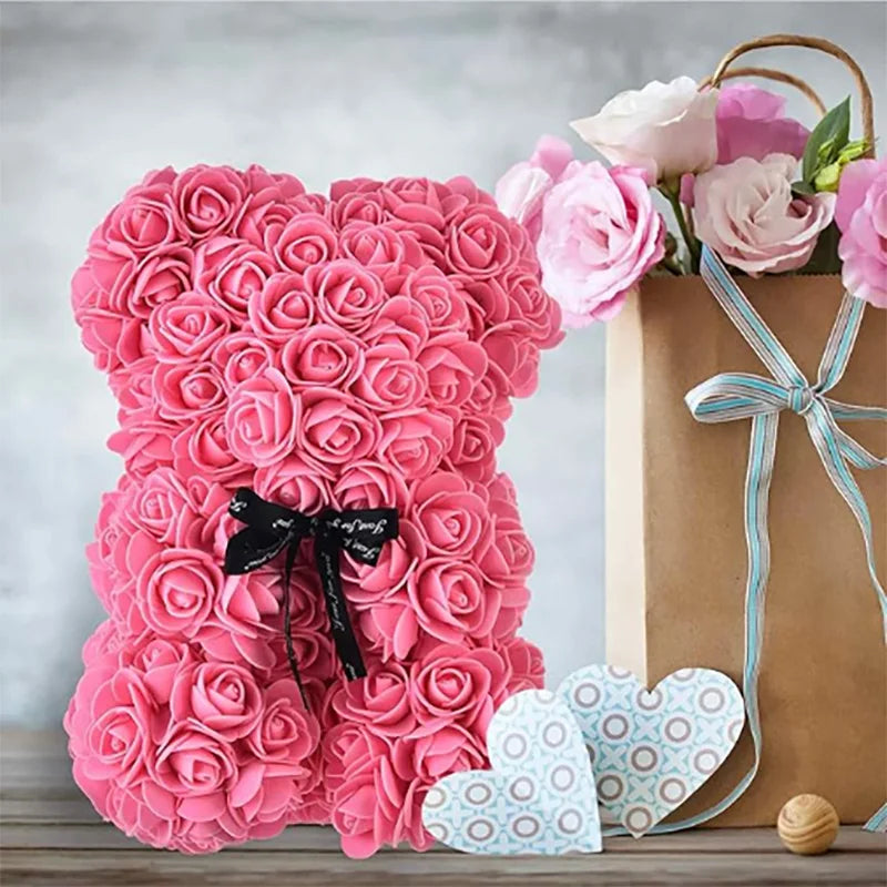 25cm Artificial Teddy Rose Flower Bear with Box Romantic Valentines Day Gift