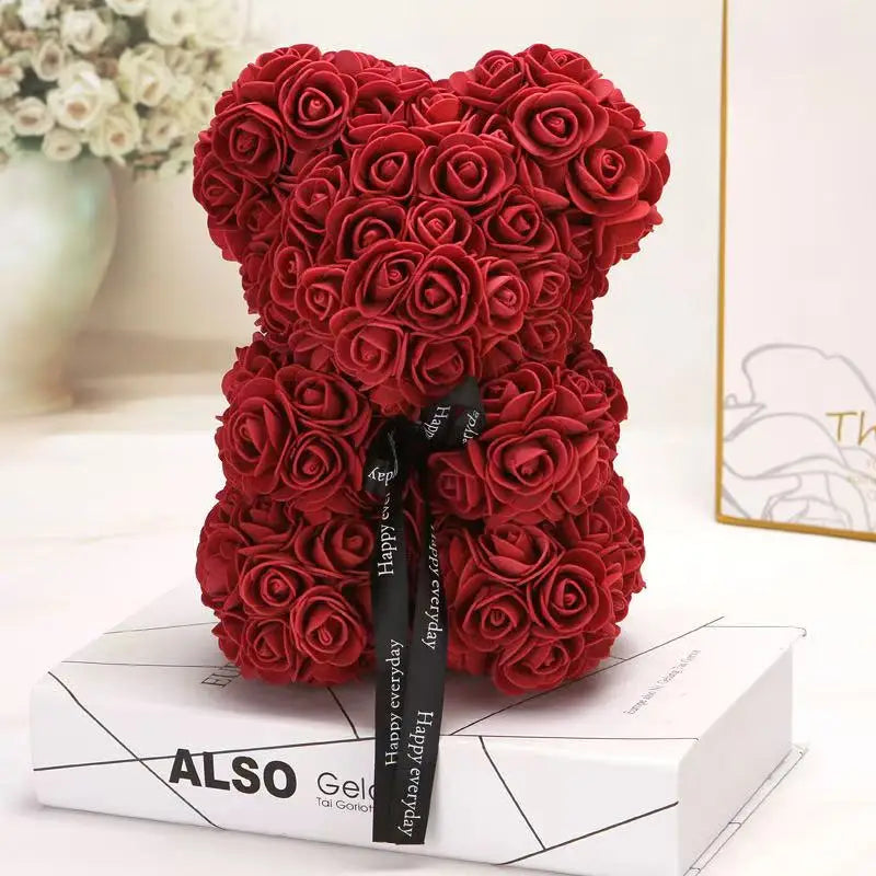25cm Artificial Teddy Rose Flower Bear with Box Romantic Valentines Day Gift