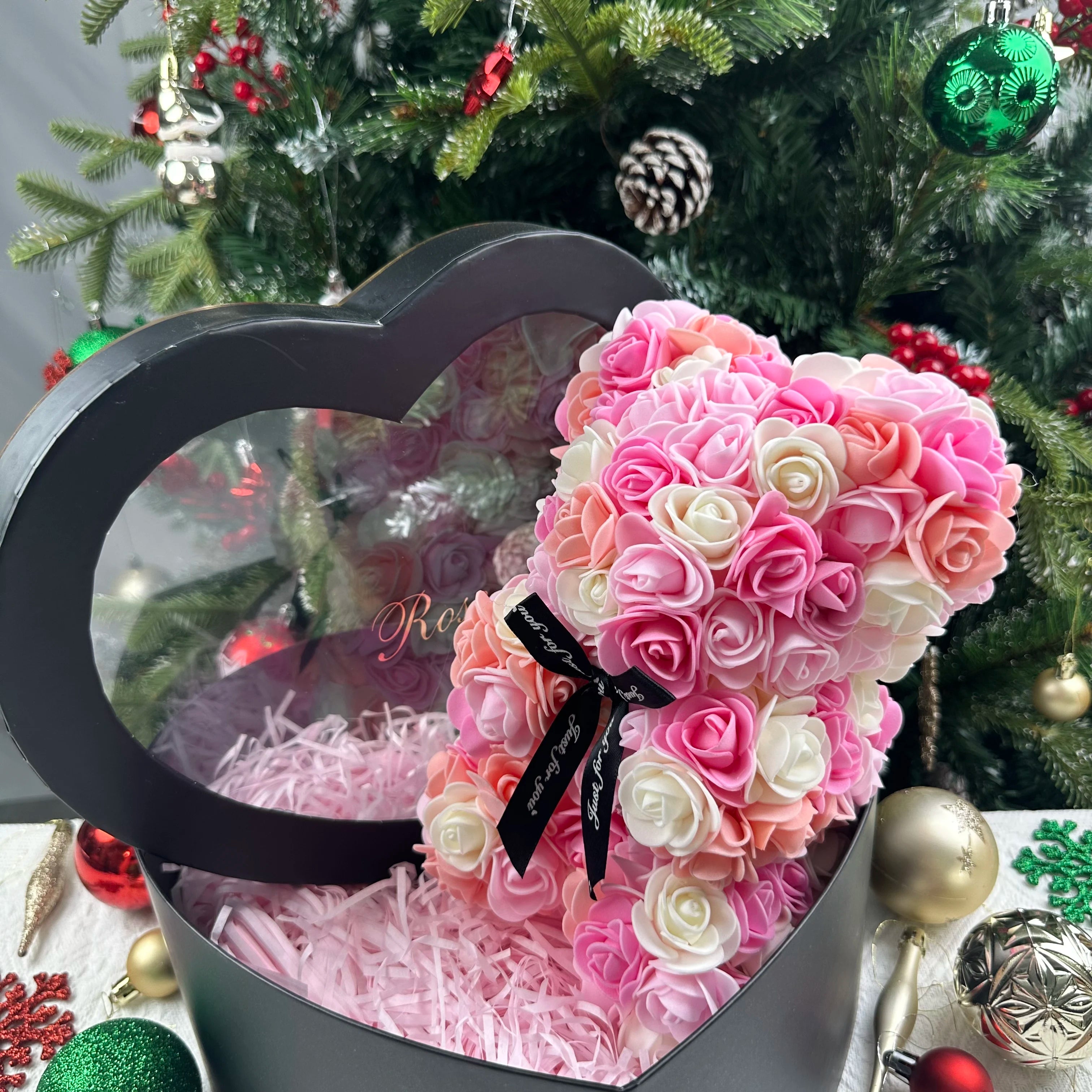 25cm Artificial Teddy Rose Flower Bear with Box Romantic Valentines Day Gift